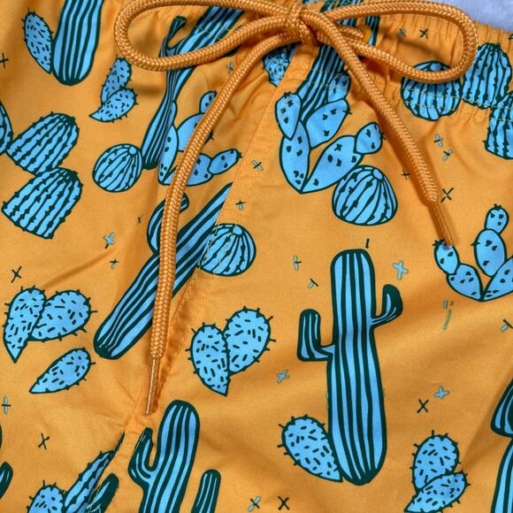 Gold Turquoise Cactus Print Swim Trunks Men 3XL 48-50 Above The Knee 6" Inseam - Picture 2 of 9